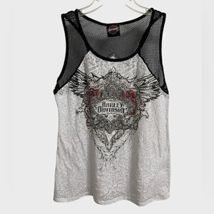 Harley Davidson Embellished Beaded Graphic Tank Top Women's M Mesh White Black